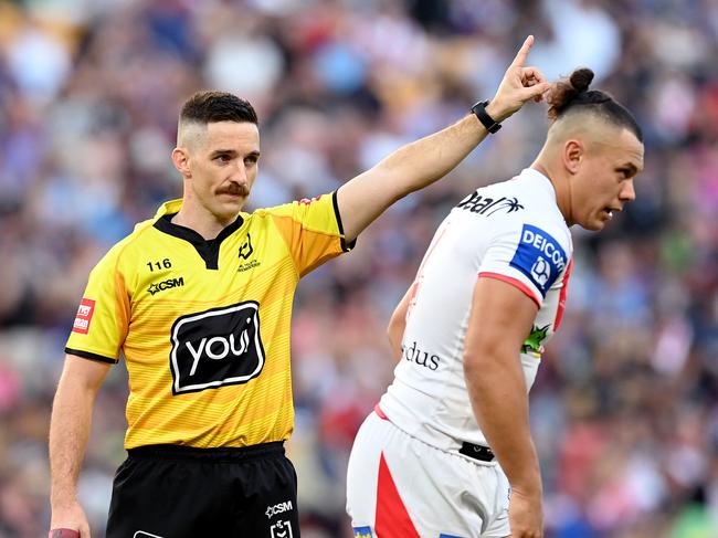 BRISBANE, AUSTRALIA - MAY 16: Tyrell Fuimaono of the Dragons is sent off for an alleged illegal shot on Ryan Papenhuyzen of the Storm during the round 10 NRL match between the Melbourne Storm and the St George Illawarra Dragons at Suncorp Stadium, on May 16, 2021, in Brisbane, Australia. (Photo by Bradley Kanaris/Getty Images)