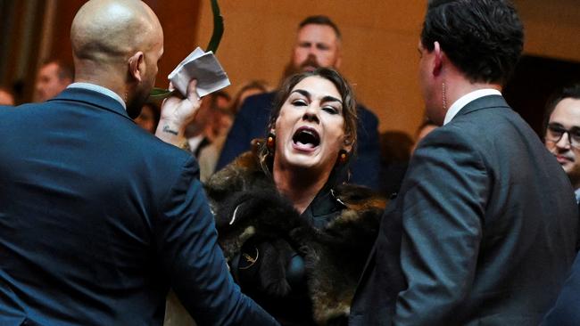 Ms Thorpe was ejected by security. Picture: Victoria Jones/Reuters