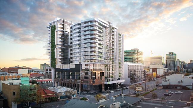 An artist’s impression of the West Franklin Apartments which is presently under construction on the corner of Franklin and Morphett streets in the city.