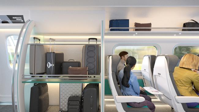 An artist’s impression of an AirRail Melbourne custom-built train.