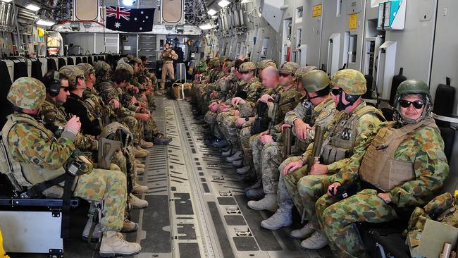 Australian troops depart from Tarin Kowt inside a RAAF C-17A Globemaster aircraft. Picture supplied.