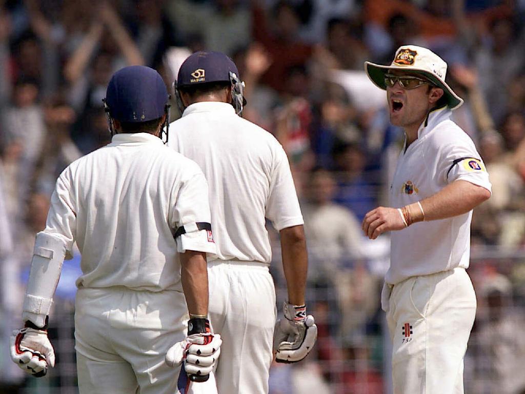 An angry Michael Slater after the third umpire ruled that he did not take catch to dismiss Rahul Dravid (centre). Australia v India. First test. Mumbai, India. Bombay. Cricket.