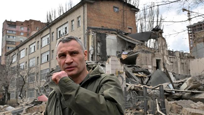 Kyiv's mayor Vitali Klitschko visits the site of a missile attack in Kyiv. Picture: AFP