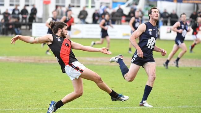 Frankston's Jason Kingsbury thumps the Bombers forward against Rosebud in the qualifying final on Saturday. Picture: James Ross