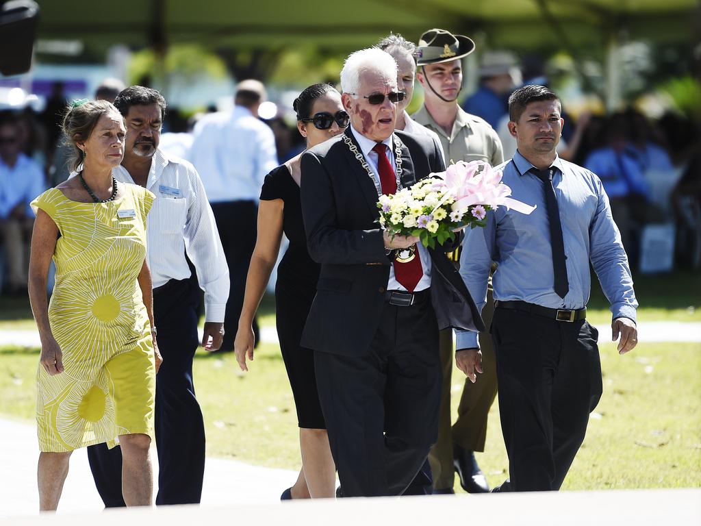 Lord Mayor Kon Vatskalis lays a wreath at the 77th Anniversary of the Bombing of Darwin on Tuesday, February 19, 2019. Picture: KERI MEGELUS