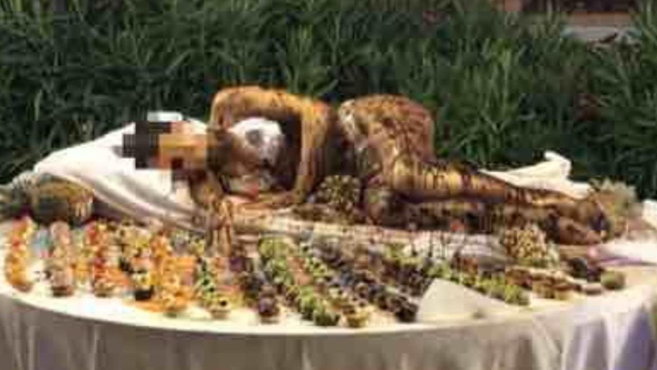 A hotel in Italy has been slammed after a bikini-clad model covered in chocolate was used as the centrepiece of a family buffet. Picture: LinkedIn/Federico Mazzieri