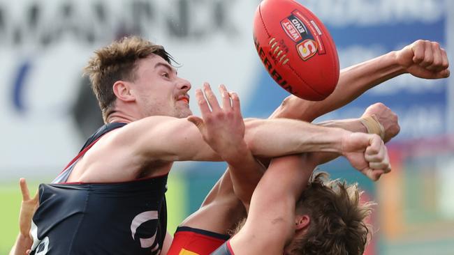 Harry Boyd from Norwood contests the ruck during the Round 14 SANFL match between Norwood and Adelaide at Norwood Oval in Adelaide, Saturday, July 13, 2024. (SANFL Image/David Mariuz)