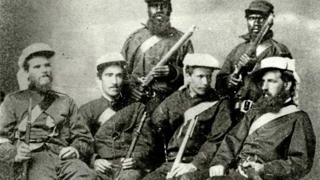 GAZETTE SHOT: left to right, Sergeant James Julian, Constable Patrick William Cahill, Constable John Francis Power and Gold Commissioner Thomas John Griffin. The two Native Mounted Police standing at the back are not named. c1867Photo Contributed. Picture: Contributed