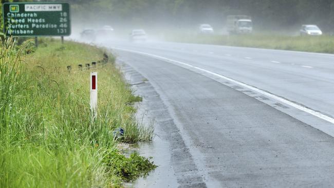 The crash site on the Pacific Motorway, Cudgera Creek, where Anthony Stott was hit and killed by a truck on Monday morning. Picture: Scott Powick