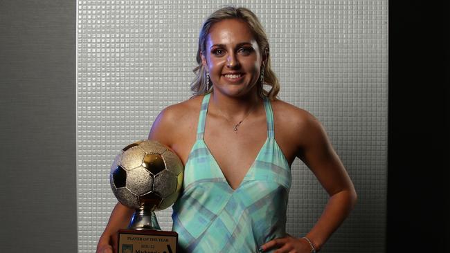 Mackenzie Hawkesby after receiving the A-League Women's Player of the Year Award during the Sydney FC Sky Blue Ball.