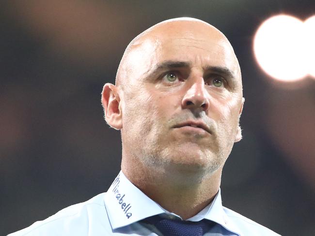 GEELONG, AUSTRALIA - MARCH 02:  Kevin Muscat, coach of the Victory looks on during the round 21 A-League match between the Melbourne Victory and the Newcastle Jets at GMHBA Stadium on March 02, 2019 in Geelong, Australia. (Photo by Scott Barbour/Getty Images)