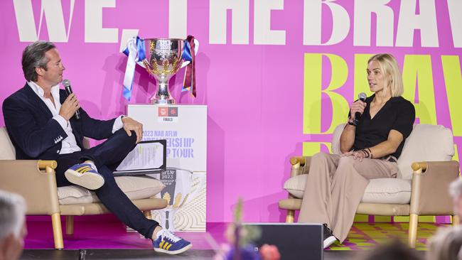 Hamish McLachlan interviews footy legend Erin Phillips at Wednesday’s AFLW grand final lunch. Picture: Supplied