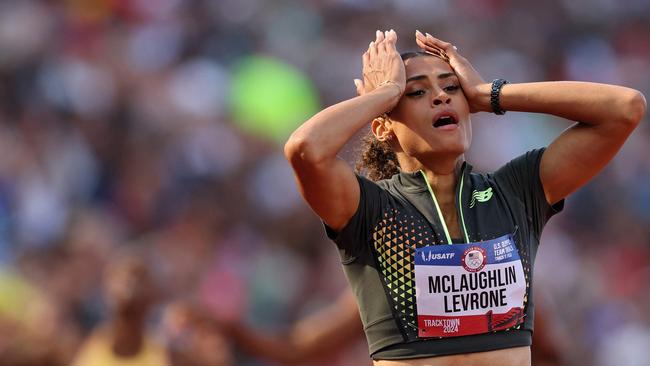 EUGENE, OREGON - JUNE 30: Sydney McLaughlin-Levrone celebrates after crossing the finish line to set a new world record in the women's 400 meter hurdles final on Day Ten of the 2024 U.S. Olympic Team Track & Field Trials at Hayward Field on June 30, 2024 in Eugene, Oregon.   Patrick Smith/Getty Images/AFP (Photo by Patrick Smith / GETTY IMAGES NORTH AMERICA / Getty Images via AFP)