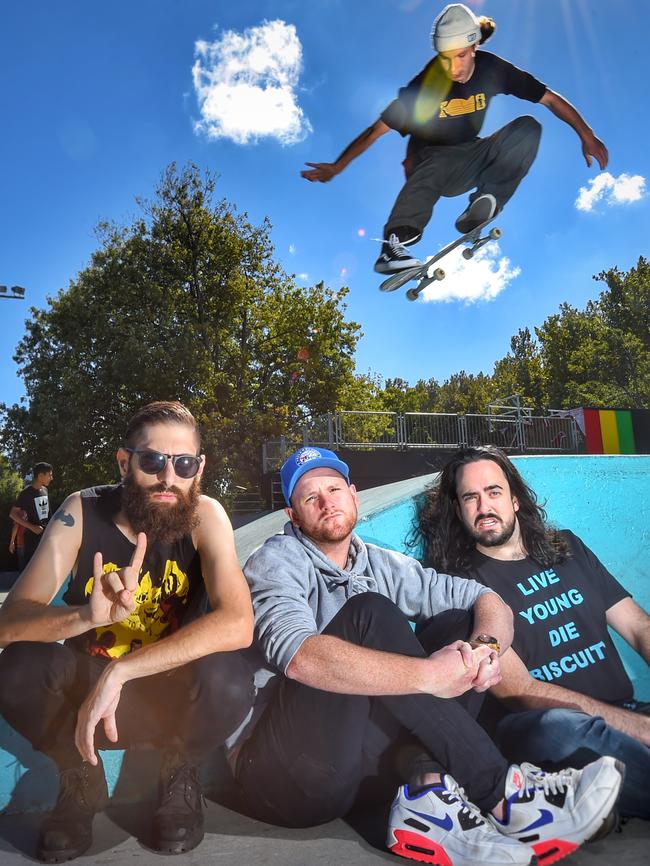 Aunty Donna comedians Mark Samual Bonanno, Broden Kelly and Zachary Ruane (front) in Glennridge Secondary College. Picture: Tony Gough