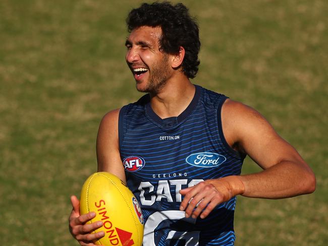 GOLD COAST, AUSTRALIA - AUGUST 13: Nakia Cockatoo during the Geelong Cats AFL training session at Southport Sharks Oval on August 13, 2020 in Gold Coast, Australia. (Photo by Chris Hyde/Getty Images)