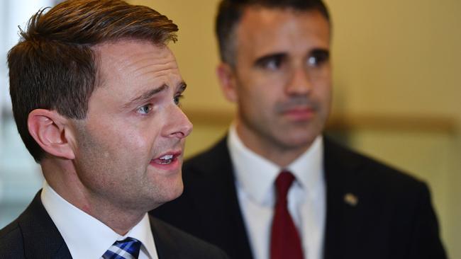 SA Shadow Treasurer Stephen Mullighan speaks to the media as Leader of the Opposition Peter Malinauskas looks on. Picture: David Mariuz