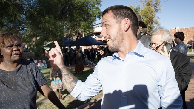 Explosive scenes outside court as a woman believed to be from Yuendumu confronts former NT police officer Zachary Rolfe after day one of him giving evidence at the inquest into the death of Kumanjayi Walker. Picture: Liam Mendes / The Australian