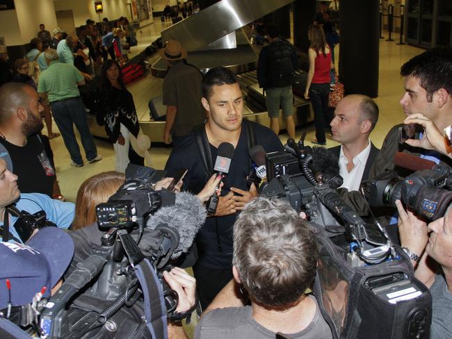 Jarryd Hayne was surrounded by media at LAX. Pic Rupert Thorpe