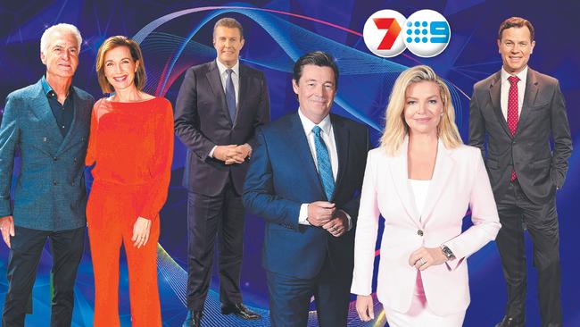 TV presenters from left to right: Andrew Lofthouse, Melissa Downes and Peter Overton from Channel 9 with Mike Amor, Rebecca Maddern and Mark Ferguson from Channel 7.