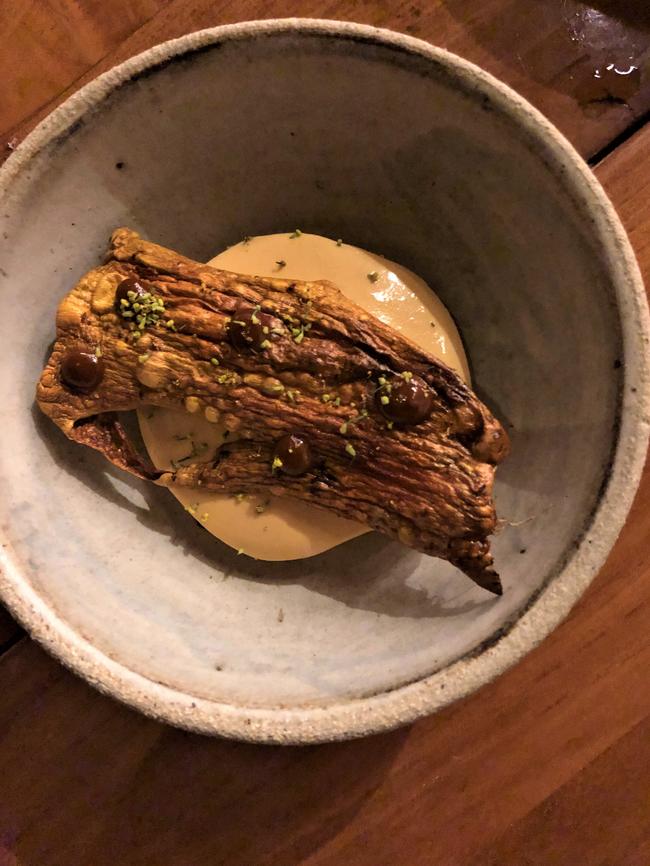 Carrot and flatbread miso ice cream, carrot molasses and fennel pollen at Gerard's Bistro, Fortitude Valley.