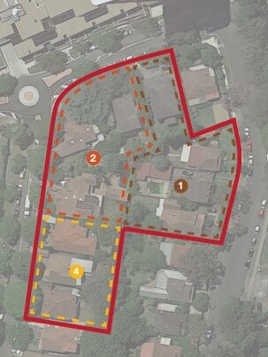 A photo showing how the single storey home at 2 Marshall Ave (top right) will be surrounded by the development.