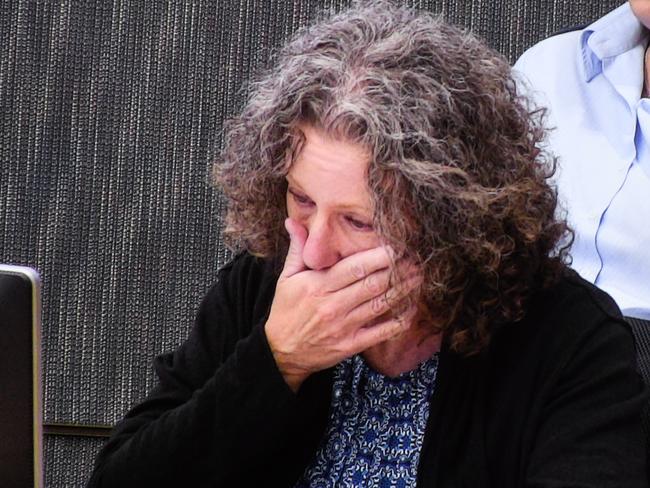 Kathleen Folbigg breaks down while being questioned about the deaths of her four children as she appears via video link screened a the NSW Coroners Court, Sydney. An Inquiry continues into convictions of "baby killer" Kathleen Megan Folbigg. Picture: Peter Rae