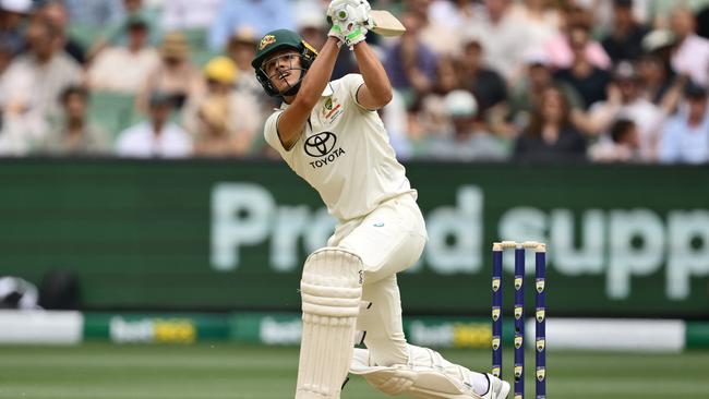 Sam Konstas hits a boundary in his debut Test innings of 60. Picture: Getty Images