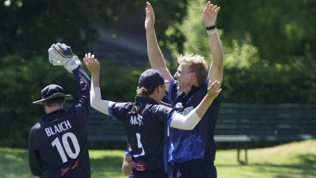 Prahran star Will Sutherland celebrates after taking a wicket against Melbourne. Picture: Valeriu Campan