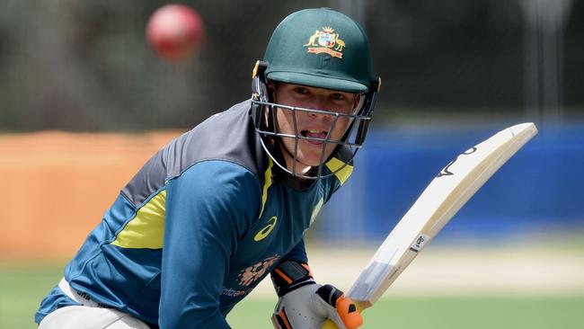 Marcus Harris takes part in a net session at Manuka Oval yesterday. Picture: AFP