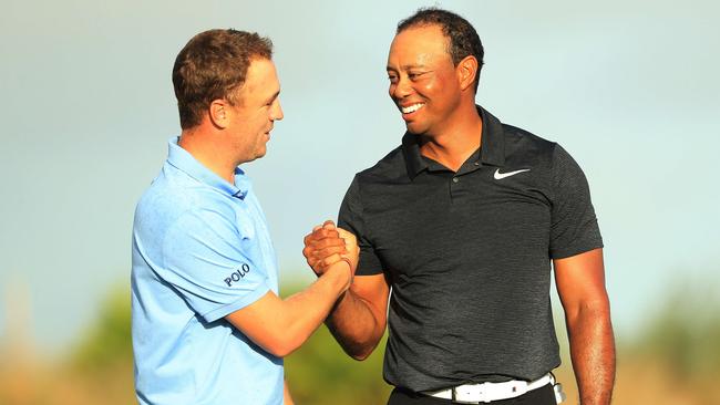 Tiger Woods with pair with Justin Thomas in the opening round of the Hero World Challenge. Picture: AFP