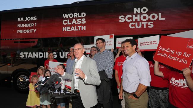 Jay Weatherill’s press conference with the new tour bus. Picture: Dylan Coker