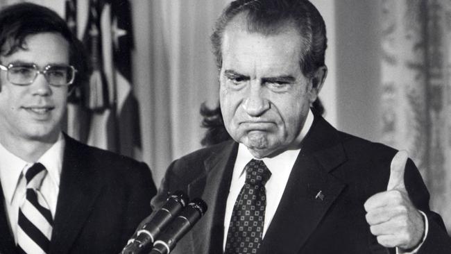 Richard Nixon, flanked by his son-in-law David Eisenhower, bids farewell to White House staff in 1974. Picture: Consolidated News Pictures / AFP