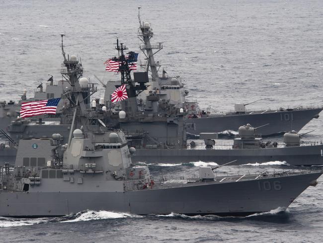 he Japan Maritime Self-Defense Force destroyer JS Kurama  leads a formation with the Arleigh-Burke-class guided-missile destroyers USS Gridley and USS Stockdale. Such displays of unity have become increasingly common throughout southeast Asia. Picture: US Navy