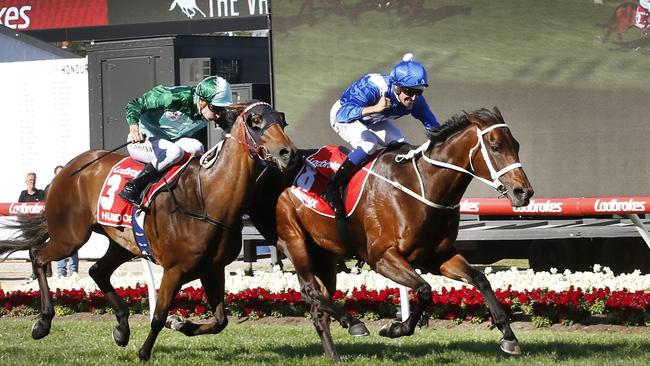 Winx and Hugh Bowman fight off Humidor in this year’s Cox Plate. Picture: David Caird