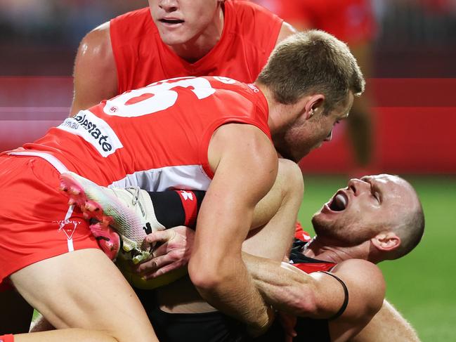 Nick Hind could have found himself in even more hot water than teammate Peter Wright if a swing in the last quarter had landed. Picture: Mark Metcalfe/AFL Photos/via Getty Images.