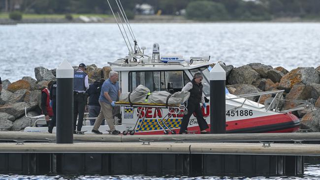 The recovered body of a passenger from the capsized boat is collected from Sea Rescue at Billy Lights Point Boat Ramp at Port Lincoln on Tuesday. Picture: Mark Brake/NCA NewsWire