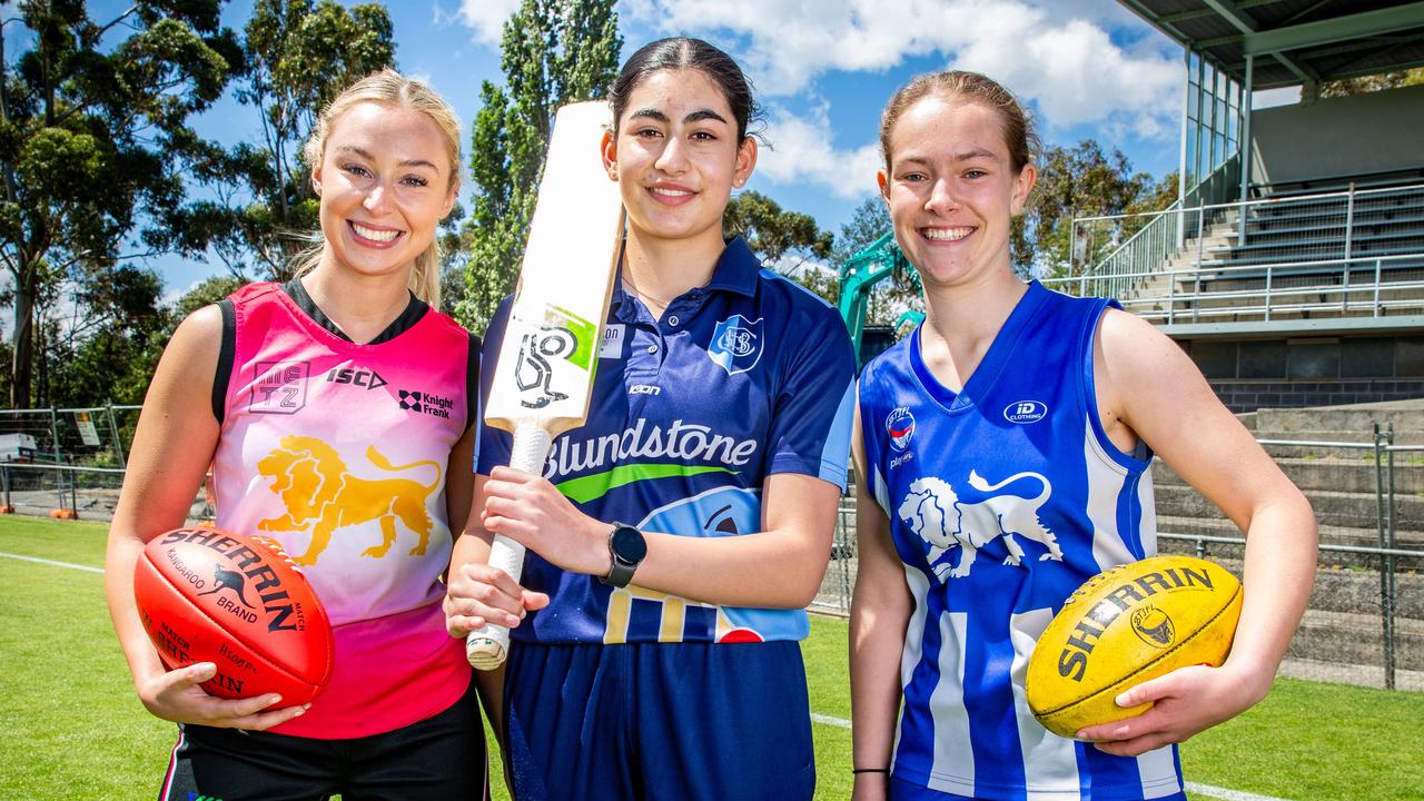 Brooke Saward from Hutchins old boys football club, Sascha Mahraj-Bopf from South Hobart Sandy Bay cricket club, and Chloe Groom of Sandy Bay football club are happy with the upcoming developments at Queenborough Oval. Picture: Linda Higginson