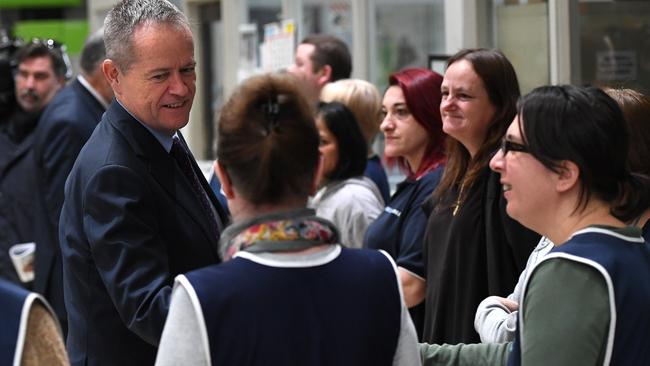 Federal Opposition leader Bill Shorten visits manufacturer Socobell in Melbourne. Picture: Julian Smith/AAP