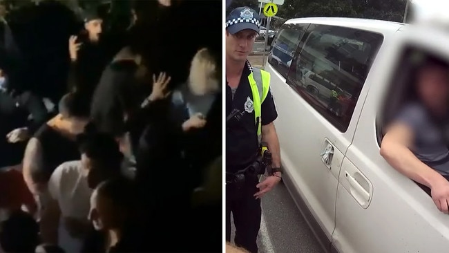 A party in Sydney’s Bondi on Saturday, left, has sparked fury, and six Victorian travellers were fined $4000 each after attempting to enter Queensland with false border declarations. Picture: Supplied/Queensland Police Media