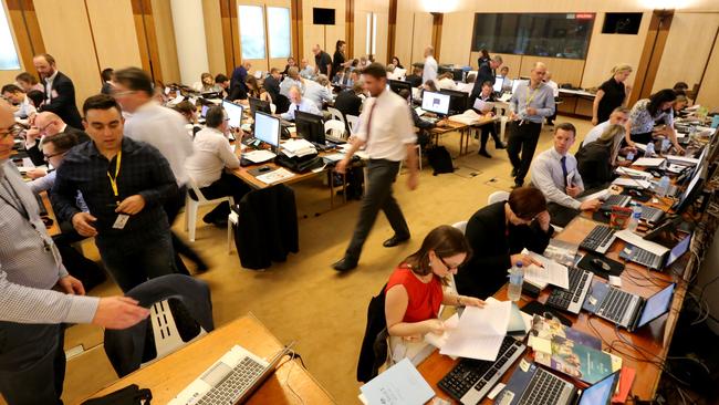 Journalists at work in a previous budget lockup at Parliament House in Canberra.