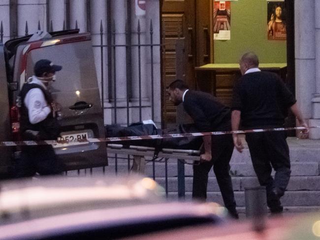 A forensic team evacuates a body from the church in Nice after the terror attack. Picture: Getty Images