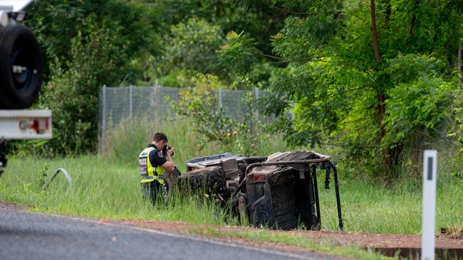 Major Crash Investigation officers at the scene where a Honda ATV buggy crashed on Bees Creek Rd this morning. Picture: Che Chorley