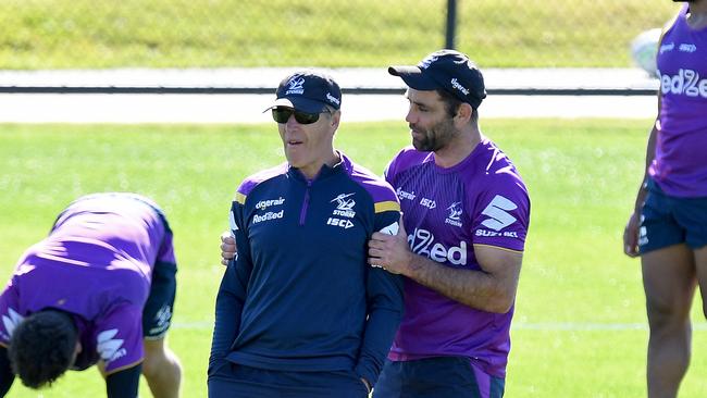 Cameron Smith hamming it up with Craig Bellamy on the Sunshine Coast. Picture: Getty