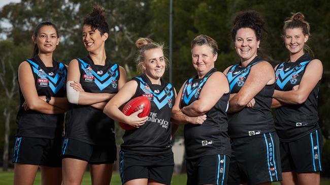 Aimee Van Der Hulst, Tella Wise, Suzanne Holliday, Lynne Neumann, Rebecca Pearson and Hannah Beale will play for Blackfriars Old Scholars’ inaugural women’s team. Picture: Matt Loxton