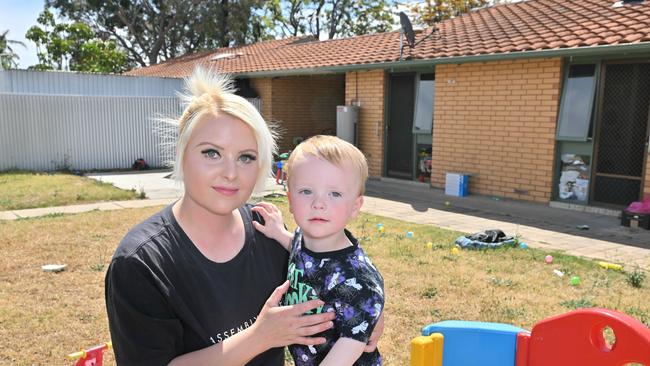 Tammy Kennedy and her 2yo son Vincent in her community housing accommodation. Picture: Brenton Edwards