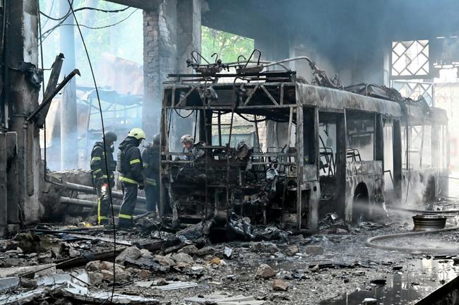 A trolleybus depot was hit in a Russian drone strike on Kharkiv