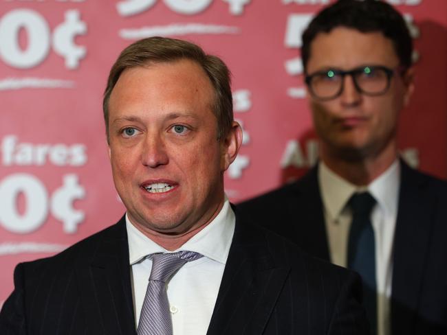 Premier Steven Miles (front) with Transport Minister Bart Mellish. Picture: David Clark