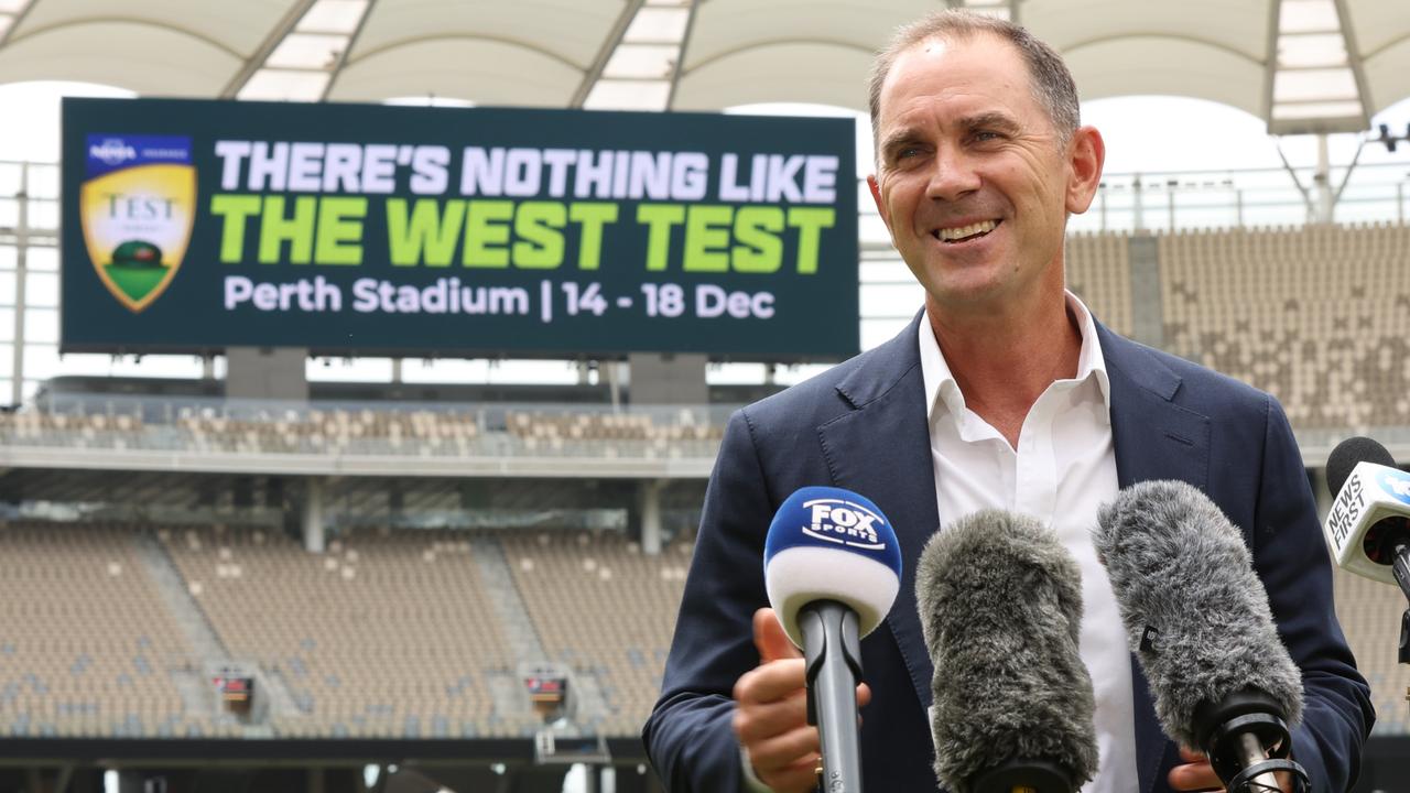 Justin Langer during the Cricket Australia 'The West Test' Launch at Perth Stadium on November 06, 2023 in Perth, Australia. (Photo by Will Russell/Getty Images for Cricket Australia)