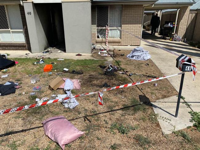 Debris and fire damage outside the Brahma Lodge home. Picture: Patrick James