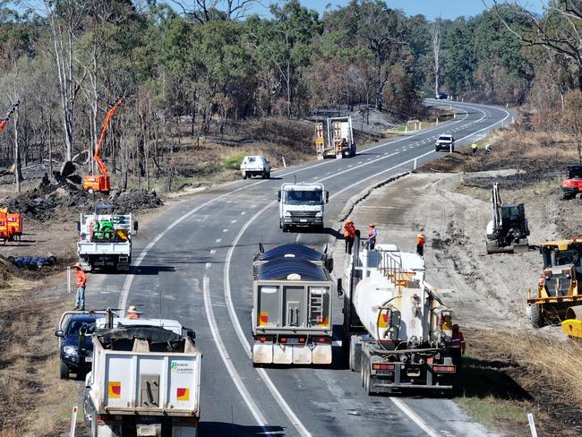 Recovery works taking place on the Bruce Highway where an ammonium nitrate truck exploded near Bororen. Picture: TMR